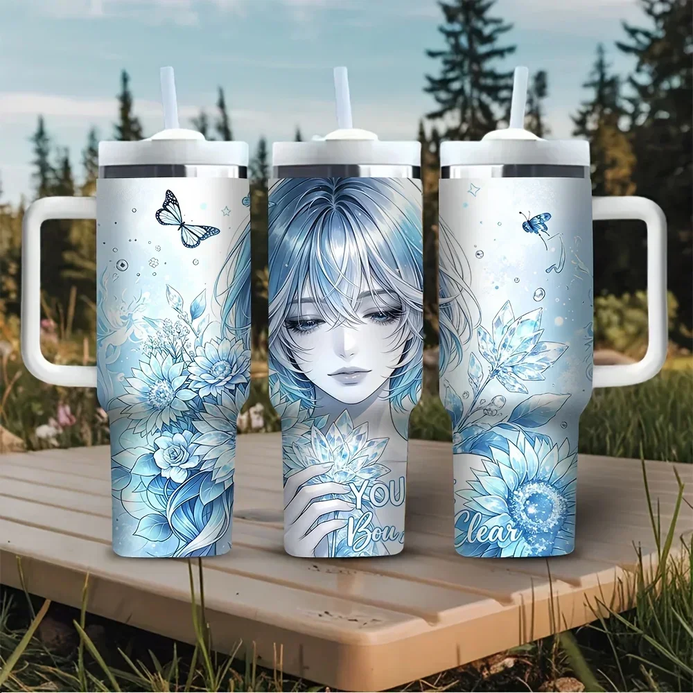 Outdoor Camping Anime - 40oz Becher mit Griff, Blauer Anime-Mädchen-Schmetterlings-Blumen-Druck,