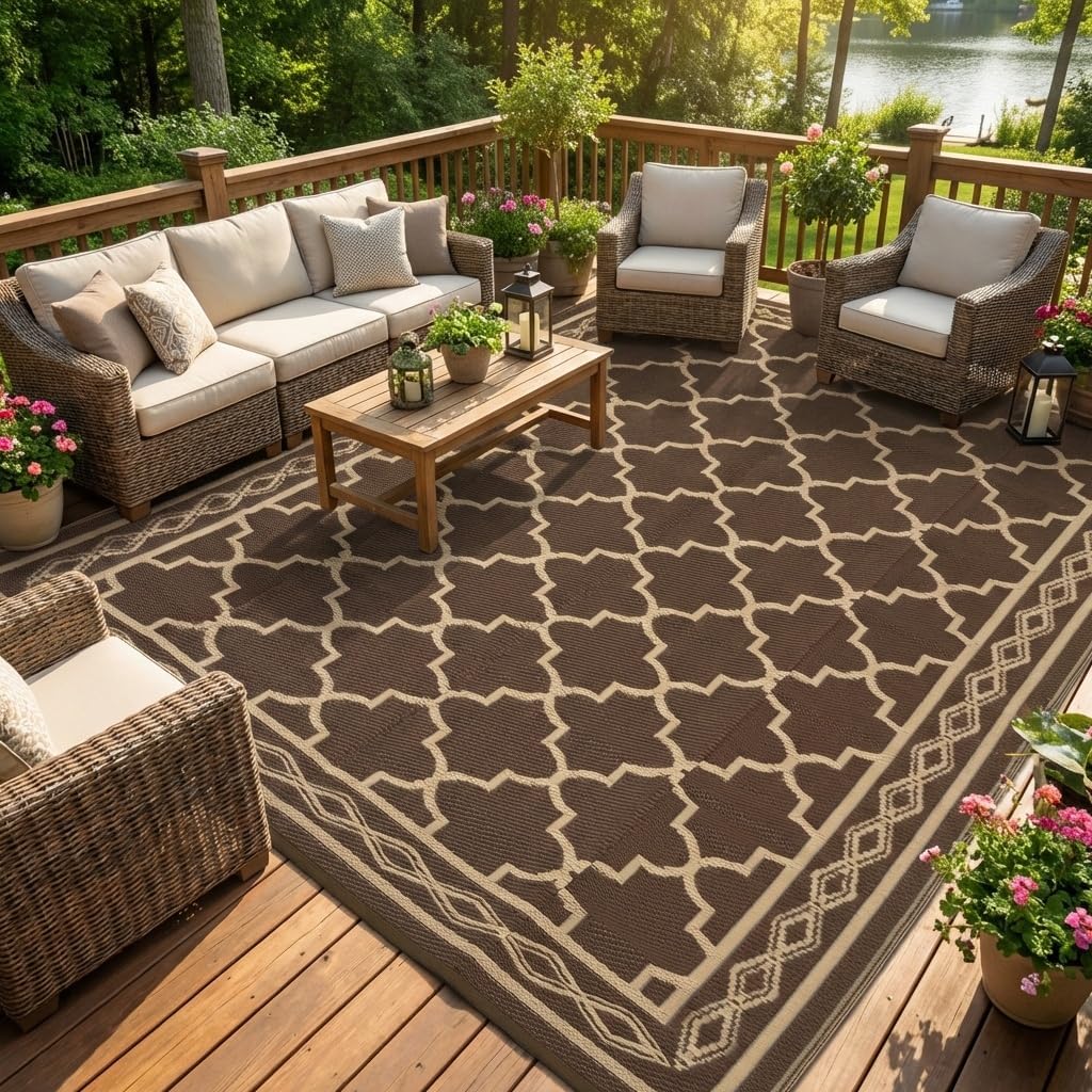 Outdoor Camping Rugs 9X12 - 9x12 Zoll Wendbarer Outdoor-Terrassenteppich – Kunststoff-Stroh-Design