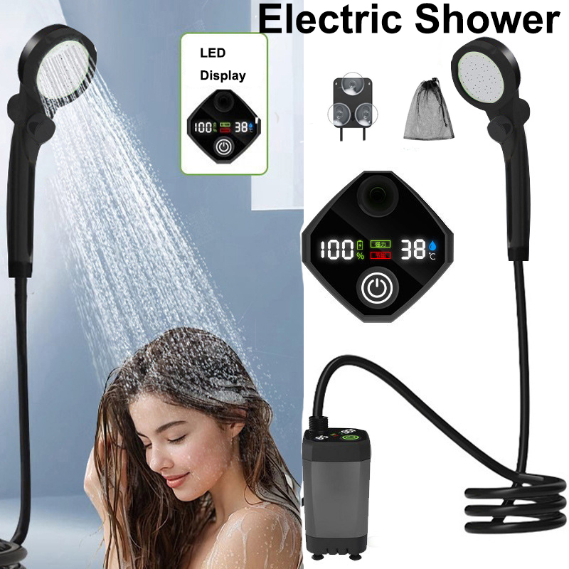 Outdoor Camping Showers - Elektrisches Outdoor-Duschset mit LED-Display, 6000mA, wiederaufladbar,