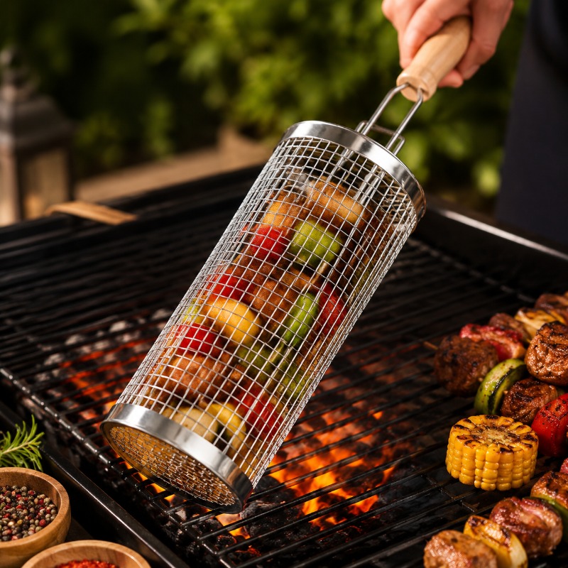 Outdoor Camping Essentials - Runder Grillkorb-Set aus Edelstahl, rollbarer Stahlgitter-Grill